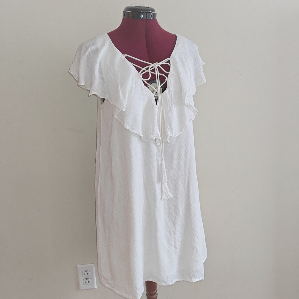 DO+BE White Lace Up Ruffle Collar Mini Shift Dress Sleeveless‎ Tassel 
Medium